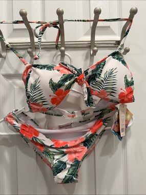 Emme Jordan Floral Tie-Front Bikini Set in Coral and Green - Women